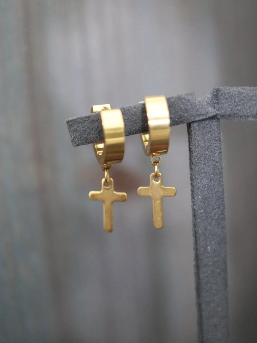 10mm Cross Charm Huggie Dangling Earrings 18k Gold Plated Stainless Steel